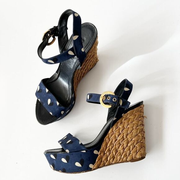 Louis Vuitton Navy Blue Fabric Braided Espadrille Wedges Heels Sandals Size 8.5